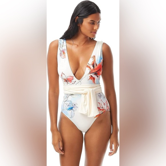 NEW w/TAGS VINCE CAMUTO Bright Floral Plunge V-Neck One-Piece Ivory Size 10 - Picture 1 of 8